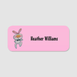 Cartoon White Bunny Thumbs up Sign Bright Pink Name Tag