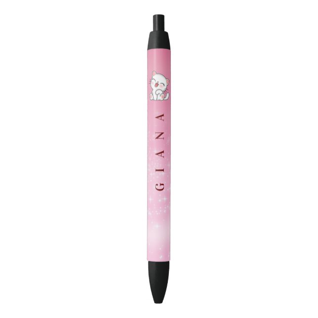 Cartoon White Cat Black Ink Pen (Front Vertical)