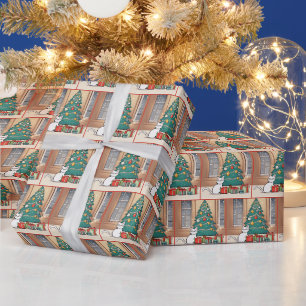 Cartoon White Cat By Christmas Tree Wrapping Paper