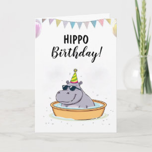 Cartoon White Kiddie Pool Hippo Birthday Card