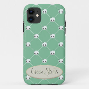 Cartoon White Skulls on Green Embossed Text Effect iPhone 11 Case
