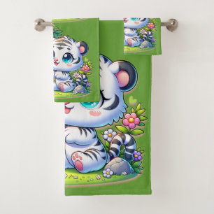 Cartoon White Tiger & Panda Bath Towel Set