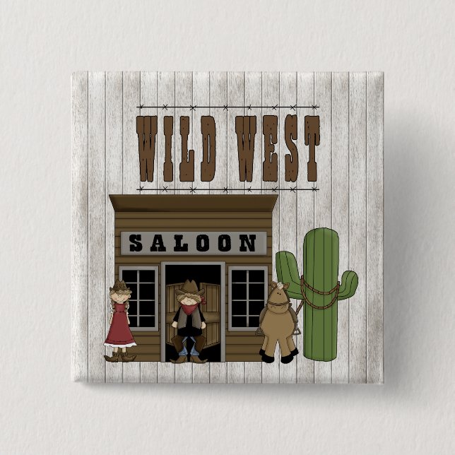 Cartoon Wild Western Fun Saloon 2 Inch Square Button (Front)