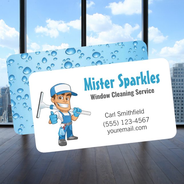 Cartoon Window Squeegee Cleaning Service Guy Business Card (Creator Uploaded)