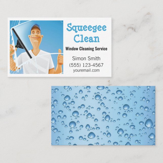 Cartoon Window Squeegee Cleaning Service Guy Business Card (Front/Back)
