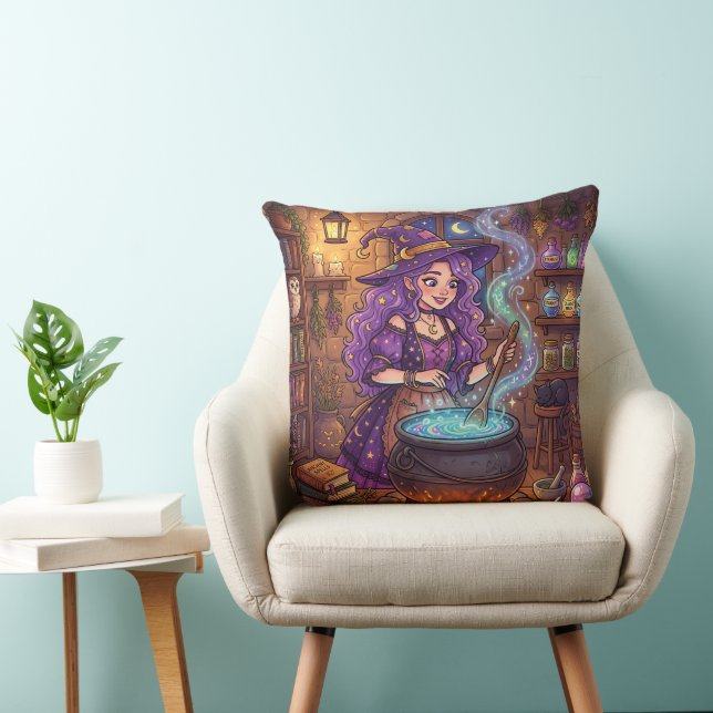 Cartoon Witch Making Love Potion Throw Pillow (Chair)