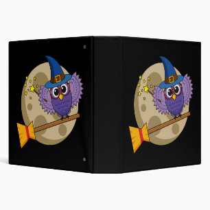 Cartoon Wizard Owl Flying on Broom Binder