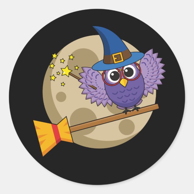 Cartoon Wizard Owl Flying on Broom Classic Round Sticker (Front)