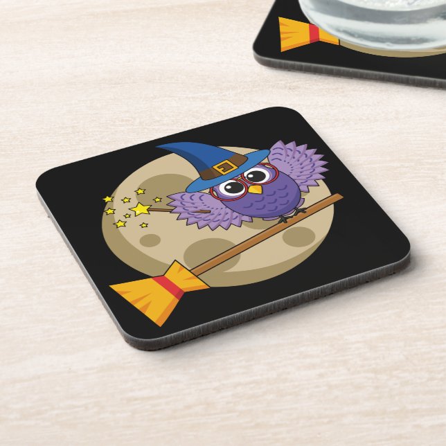 Cartoon Wizard Owl Flying on Broom Coaster (Left Side)