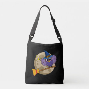 Cartoon Wizard Owl Flying on Broom Crossbody Bag