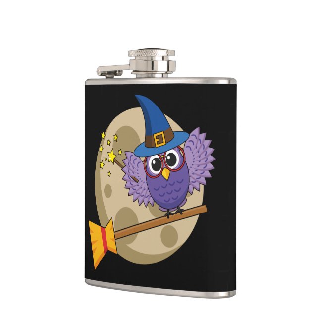 Cartoon Wizard Owl Flying on Broom Hip Flask (Left)