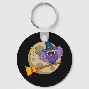 Cartoon Wizard Owl Flying on Broom Keychain