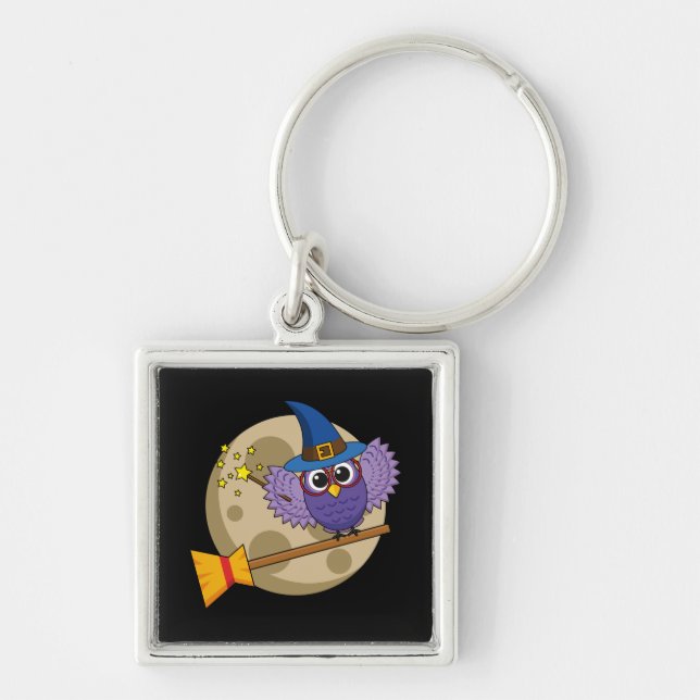 Cartoon Wizard Owl Flying on Broom Keychain (Front)