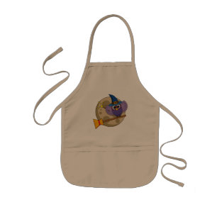 Cartoon Wizard Owl Flying on Broom Kids Apron