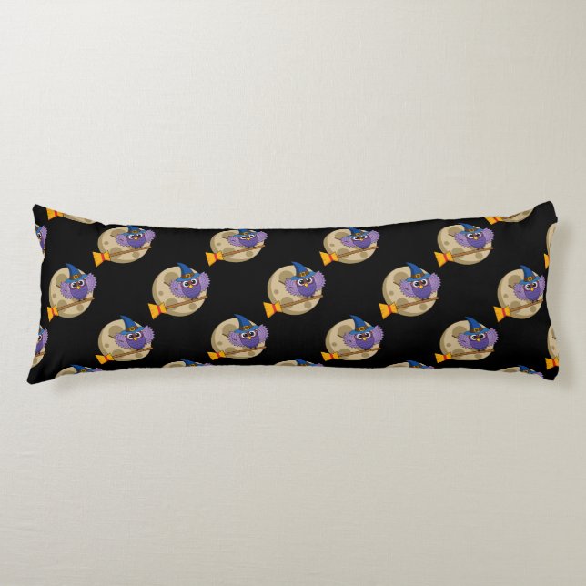 Cartoon Wizard Owl Flying on Broom Pattern Body Pillow (Front)