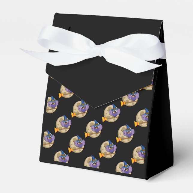Cartoon Wizard Owl Flying on Broom Pattern Favor Box (Front Side)