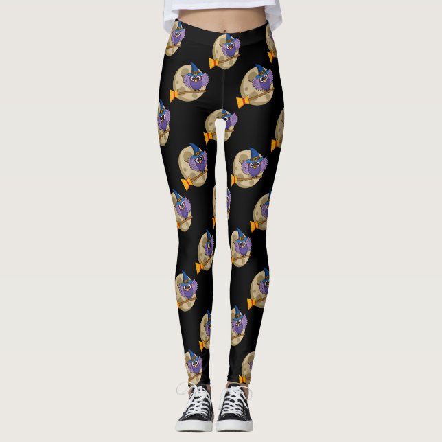 Cartoon Wizard Owl Flying on Broom Pattern Leggings (Front)