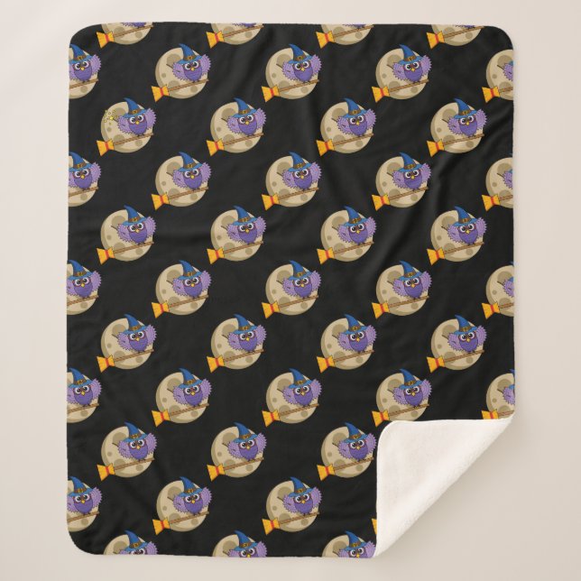 Cartoon Wizard Owl Flying on Broom Pattern Sherpa Blanket (Front)