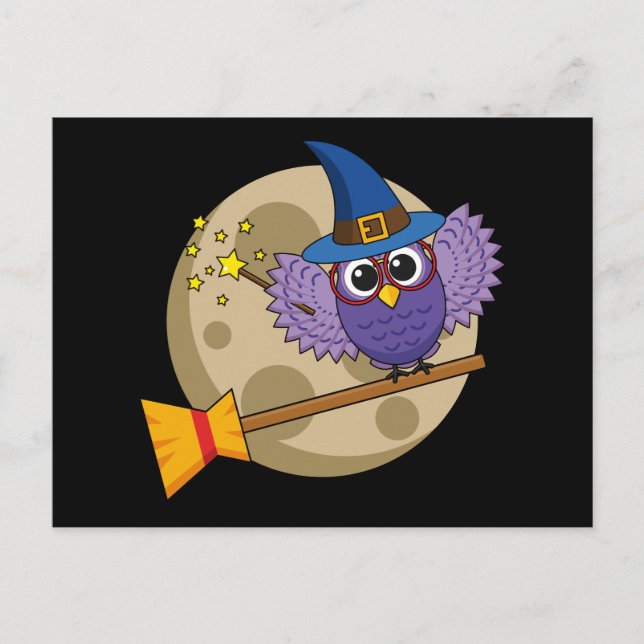 Cartoon Wizard Owl Flying on Broom Postcard (Front)