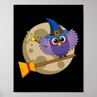 Cartoon Wizard Owl Flying on Broom