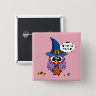 Cartoon Wizard Owl - Trick or Treat 2 Inch Square Button