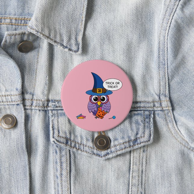 Cartoon Wizard Owl - Trick or Treat 3 Inch Round Button (In Situ)
