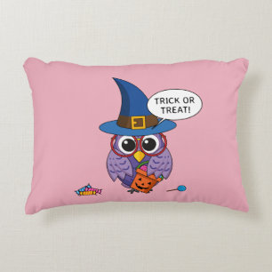 Cartoon Wizard Owl - Trick or Treat Accent Pillow
