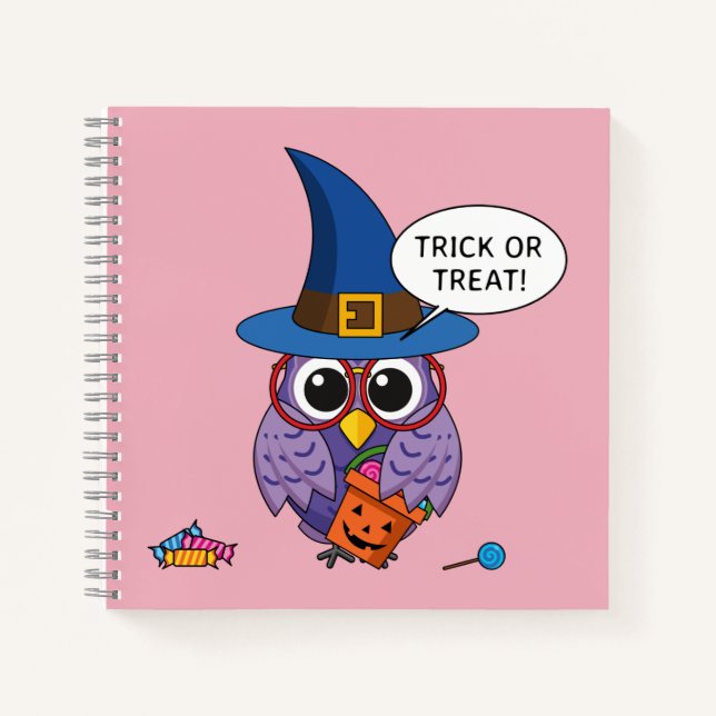 Cartoon Wizard Owl - Trick or Treat Notebook (Front)