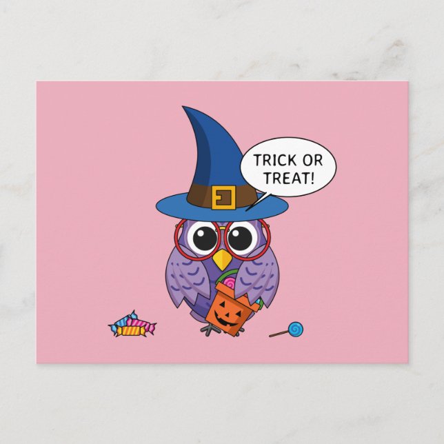Cartoon Wizard Owl - Trick or Treat Postcard (Front)