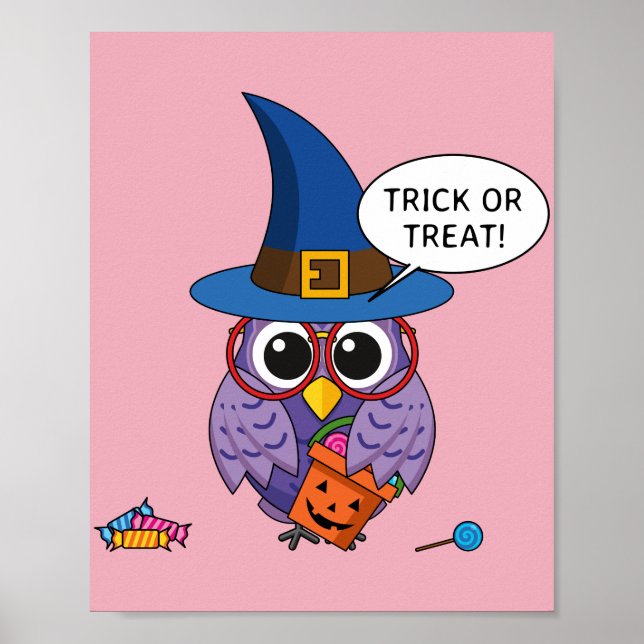 Cartoon Wizard Owl - Trick or Treat Poster (Front)