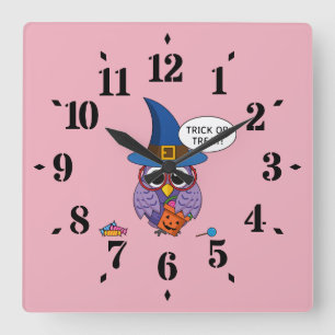 Cartoon Wizard Owl - Trick or Treat Square Wall Clock