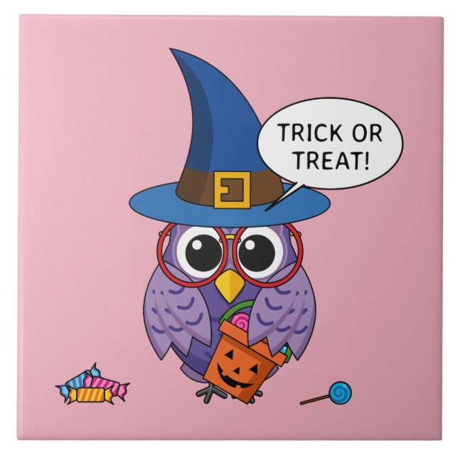 Cartoon Wizard Owl - Trick or Treat Tile (Front)