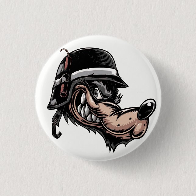 Cartoon wolf with a dynamite on his German helmet 1 Inch Round Button (Front)
