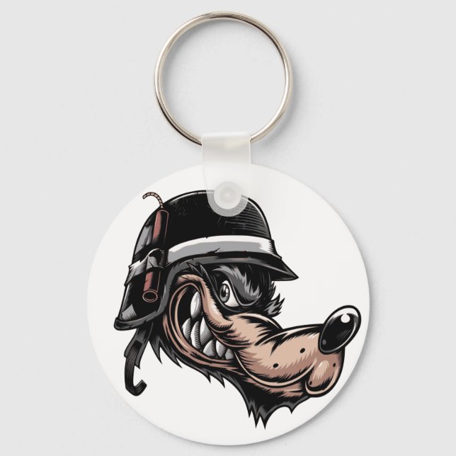 Cartoon wolf with a dynamite on his German helmet Keychain (Front)