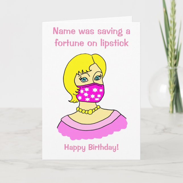 Cartoon Woman Facemask Lipstick Blonde Birthday Card (Front)