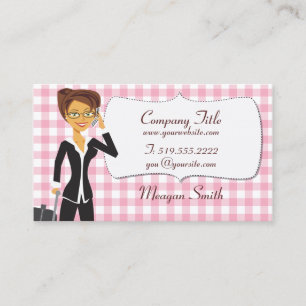Cartoon Woman on Customizable Pink Gingham Card