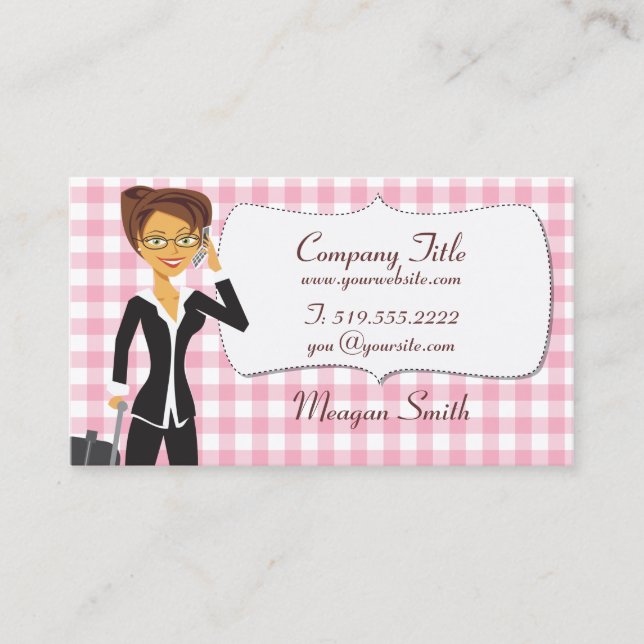 Cartoon Woman on Customizable Pink Gingham Card (Front)