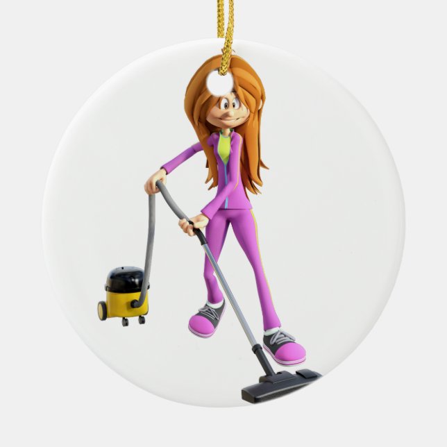 Cartoon Woman Using A Vacuum Ceramic Ornament (Front)