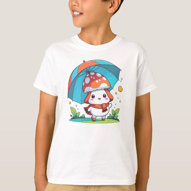 Cartoon Women Kids With Umbrella  T-Shirt (Front)