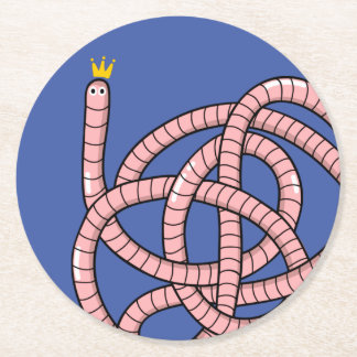 Cartoon worm in crown round paper coaster