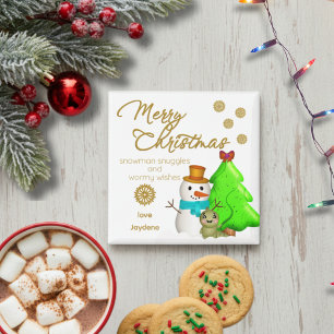 Cartoon Worm, Snowman And Christmas Tree Magnet
