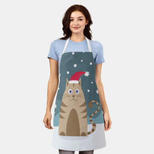 Cartoon xmas cat wearing santa hat apron