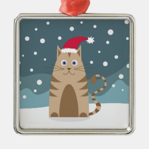 Cartoon xmas cat wearing santa hat in snow  metal ornament