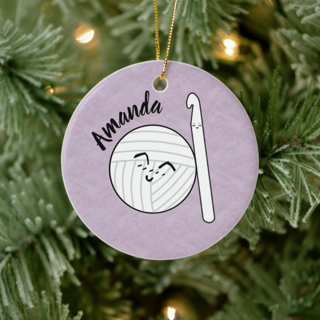 Cartoon Yarn Ball & Crochet Hook + Name Ceramic Ornament (Tree)