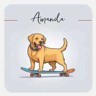 Cartoon Yellow Joyful Skateboarding Labrador Square Sticker