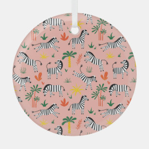 Cartoon Zebras Funny Seamless Pattern Glass Ornament