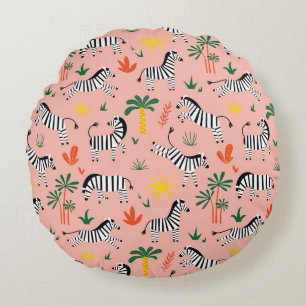 Cartoon Zebras Funny Seamless Pattern Round Pillow