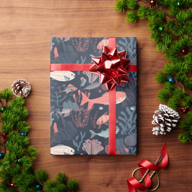 Cartoonish Fish and Sea Life Repeating Pattern Wrapping Paper (Holiday Gift)