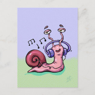 Cartoony Snail Listenting to Music Postcard