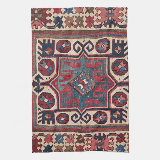 Cartouche Star :: 19th Century Colorful Red Blue Kitchen Towel (Vertical)